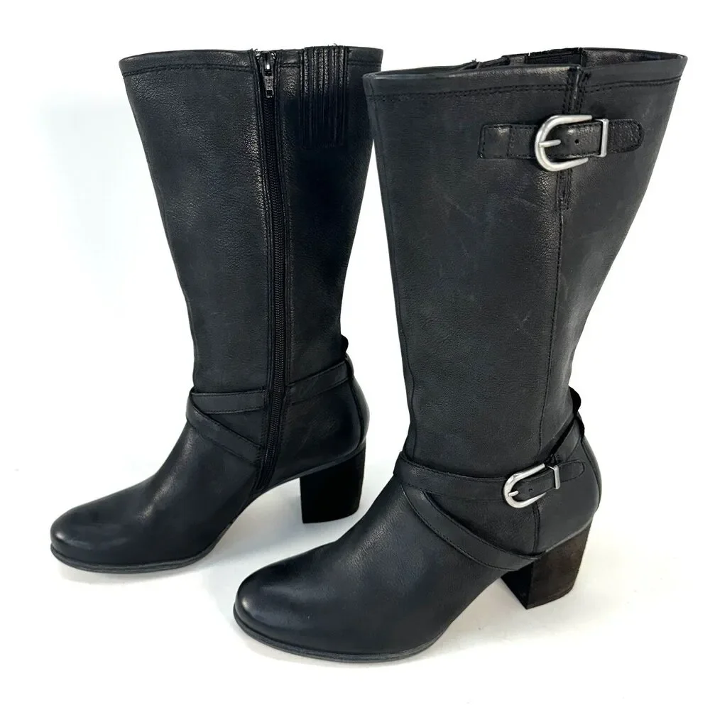 Josef Seibel Black Leather Tall Riding Boots Buckles Sz. 40 EU 9-9.5 US Side Zip
